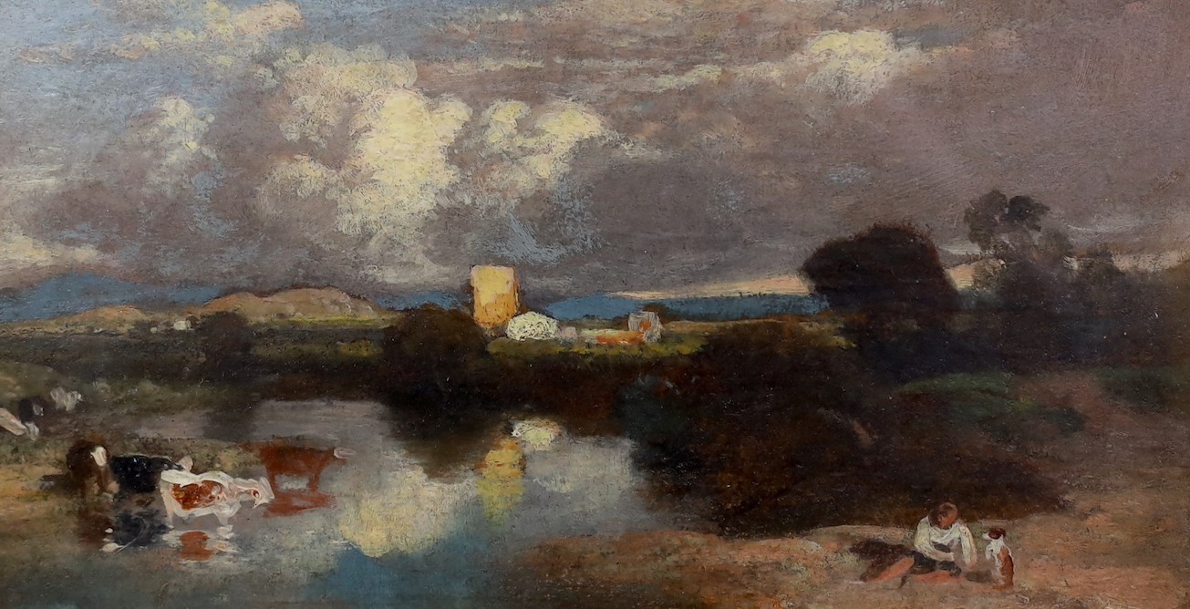 Circle of John Constable R.A. (British, 1776-1837), Figures and cattle in a lakeside landscape, oil on board, 14.5 x 17.5cm